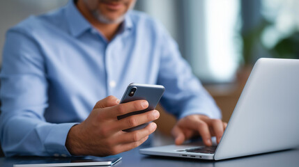 Office manager checking mobile phone while simultaneously typing on laptop for finance report and business communication in modern workspace phone and laptop multitasking work