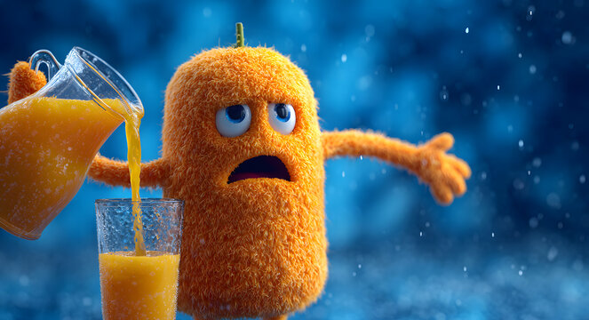 Anthropomorphic Orange Pouring Juice into Glass