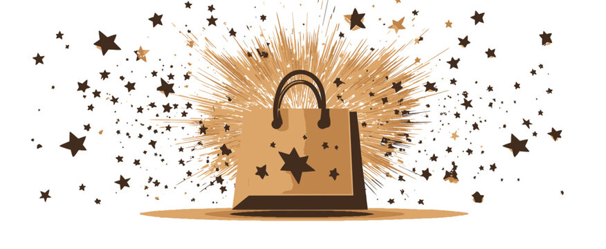 Festive shopping bag illustration with exploding stars, ideal for sale, gift, discount, and celebration marketing design.