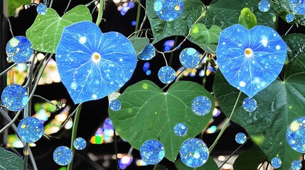 Sparkling Blue Morning Glories in Garden at Night