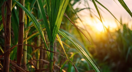 Golden hour sunlight bathes lush green sugarcane stalks and leaves, highlighting the vibrant agricultural landscape at sunset