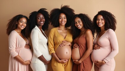 Five diverse pregnant women stand together, smiling and holding their bellies. They radiate joy and support during their pregnancies, celebrating upcoming motherhood.
