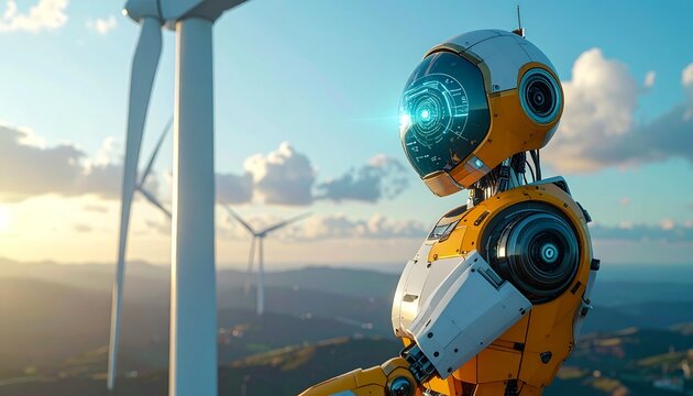Futuristic robot inspecting wind turbine with beautiful sunset backdro