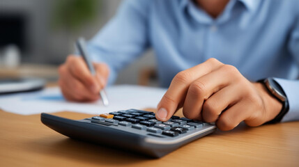 Business professional using calculator with pen at office desk to manage personal finance including budgeting and debt repayment planning credit card payment businessman