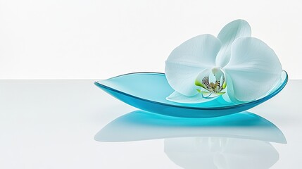 White orchid rests on teal dish, bright studio
