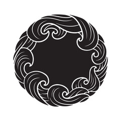 Vector Circular Frame with Intricate Stylized Waves, Black and White