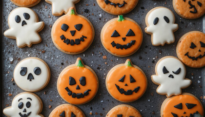 Obraz premium Halloween cookies with spooky designs on gray baking tray, festive treats concept