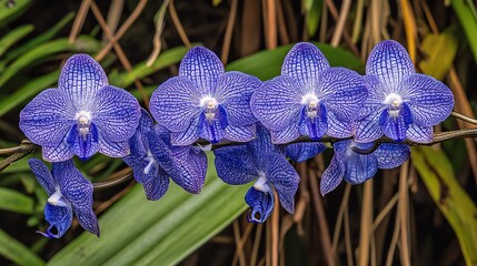 Four Blue Orchids Blooming in Tropical Garden