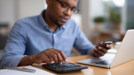 Fototapeta premium Business manager calculating financial numbers at organized desk with laptop and smartphone in office tracking budget and revenue data calculator accounting manager calculating