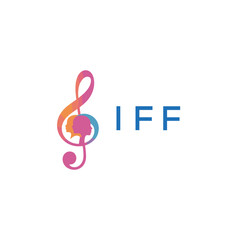 Fototapeta premium “Creative music logo with human silhouettes and treble clef in gradient colors, IFF Later Logo, modern artistic design isolated on white background”IFF music logo, IFF treble clef, human IFF silhoue