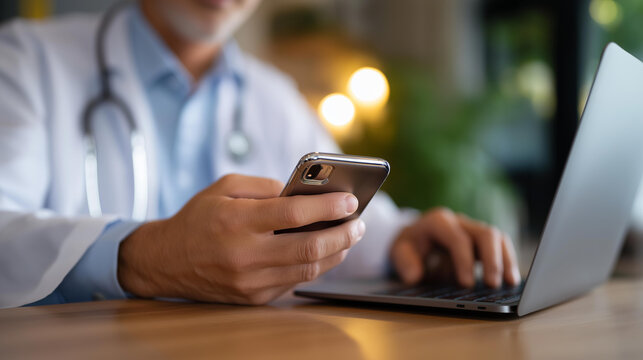Medical doctor with stethoscope working on laptop while checking smartphone to manage electronic health records and telehealth messages securely healthcare medical doctor