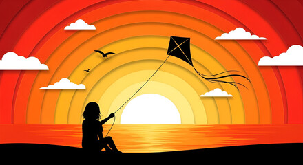 Papercut illustration of a person with kite at sunset.