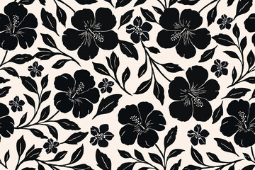 Elegant seamless floral pattern with bold black hibiscus flowers and leafy branches on a soft beige background, perfect for fabric, wallpaper, and modern decor. © Arisa