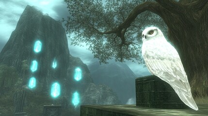 Snowy owl perched, mystical mountain backdrop, game scene