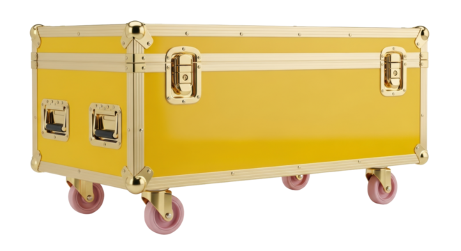 Isolated yellow trunk on wheels stands out with golden hardware and pink wheels for travel
