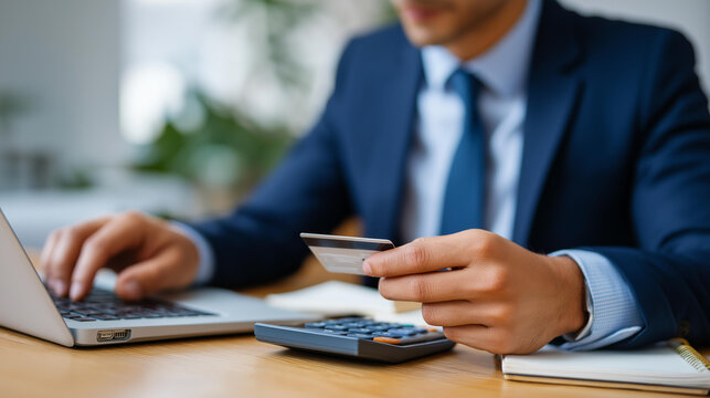 Businessman holding credit card using calculator and notebook beside laptop in office for finance tracking and debt management credit card payment businessman planning card hold