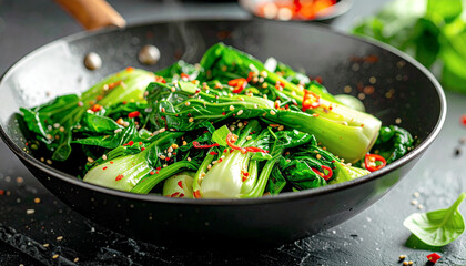 Bok choy stir-fry in a wok, closeup. AI
