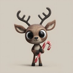 Adorable Big-Eyed Reindeer Character Holding a Candy Cane for Christmas