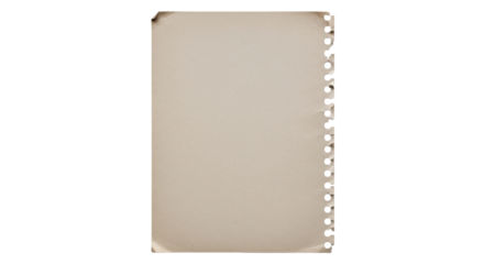 Isolated beige paper sheet with binder holes, blank vintage-look torn page for notes
