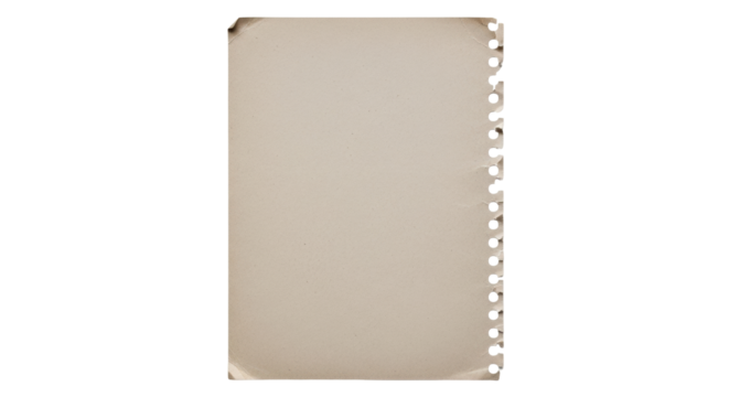 Isolated beige paper sheet with binder holes, blank vintage-look torn page for notes
