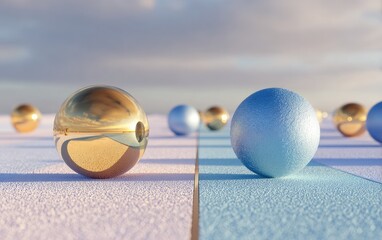 Metallic spheres on a dual-colored surface under a cloudy sky