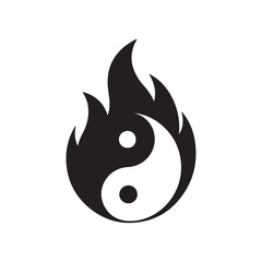 Minimalist Yin-Yang Symbol with Flame Shapes in Black and White