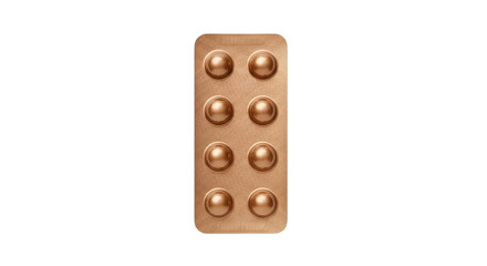 Isolated full blister pack of eight smooth brown round pills with shiny coating product