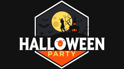 A Halloween party logo featuring a spooky scene with a full moon, bats, and a haunted house.