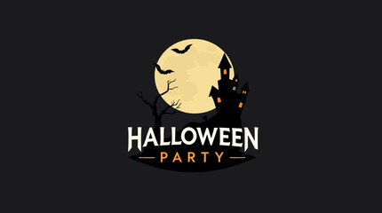 Halloween party design featuring a spooky castle silhouette against a full moon with bats.