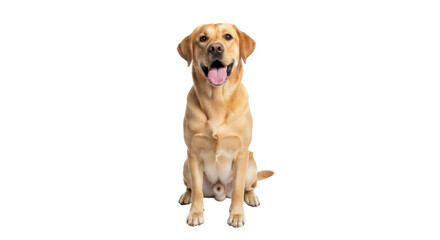 Isolated purebred yellow Labrador Retriever dog sitting, looking forward with tongue out