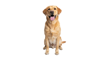 Isolated purebred yellow Labrador Retriever dog sitting, looking forward with tongue out