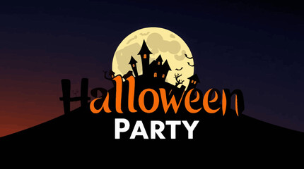 A spooky silhouette of a haunted house with a full moon backdrop, advertising a Halloween party.