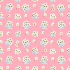 Watercolor seamless pattern sketch bouquet daisies in a cup on pink background	