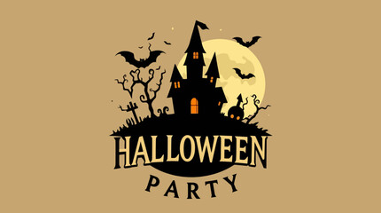Halloween party invitation featuring a spooky castle silhouette against a full moon, with bats flying overhead.