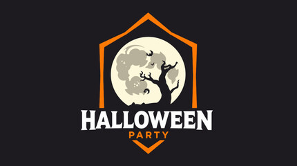 Halloween party graphic with a full moon, bare tree, and clouds inside an orange geometric frame.