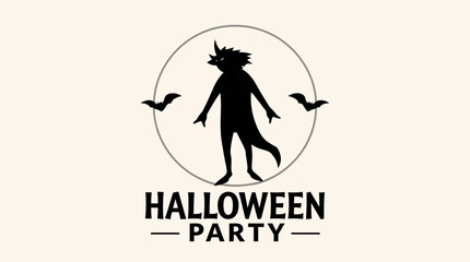 Halloween party design featuring a silhouette of a monster figure with bats, set against a circular backdrop.