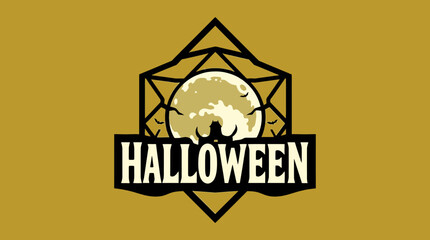 Halloween graphic with moon, bats, and geometric frame, featuring the word "Halloween".