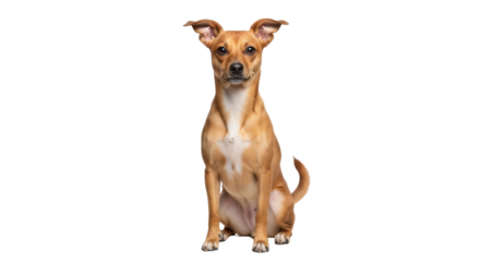 Isolated cute brown puppy dog sitting looking at camera, studio shot with no background