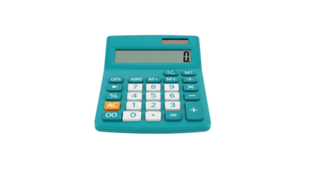 Isolated turquoise calculator for accounting math calculations at desk in office or home, number keys
