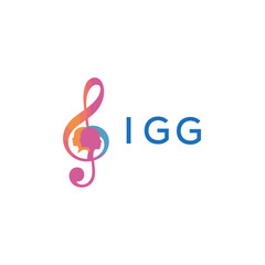 Fototapeta premium “Creative music logo with human silhouettes and treble clef in gradient colors, IGG Later Logo, modern artistic design isolated on white background” 