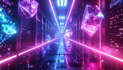 Futuristic data center with floating crystals in neon lighting