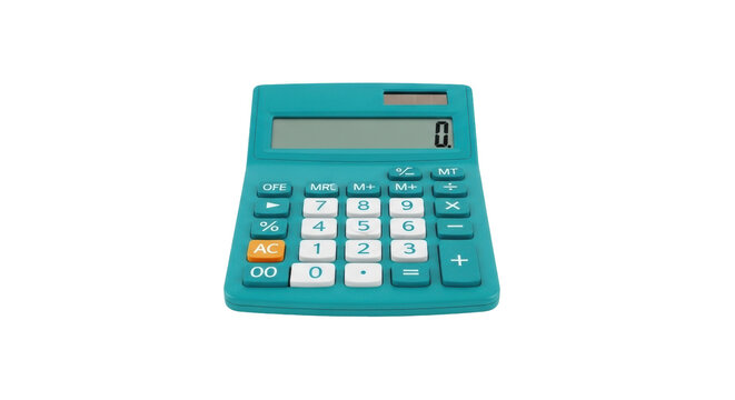 Isolated turquoise calculator for accounting math calculations at desk in office or home, number keys