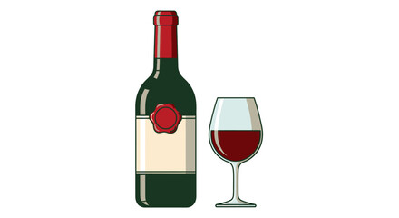 Illustration of a wine bottle with a blank label and a glass of red wine, isolated on white.