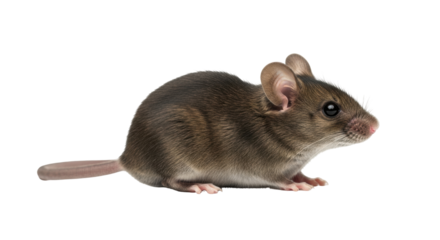 Isolated Mus musculus, the common house mouse, brown rodent with long tail looking left