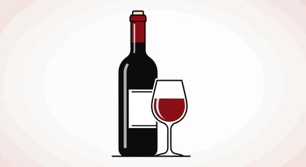 Illustration depicts a bottle of red wine and a filled wine glass, isolated on white.