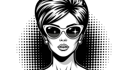 A stylized black and white illustration of a woman wearing sunglasses, looking forward.