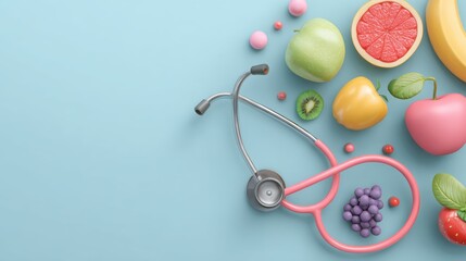 Healthy eating concept with stethoscope and various fruits on a blue background.