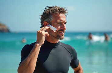 Fit man applies white sunblock stick to face for sun protection. Surfer stands on ocean beach preparing for surf session. Water and sky background.