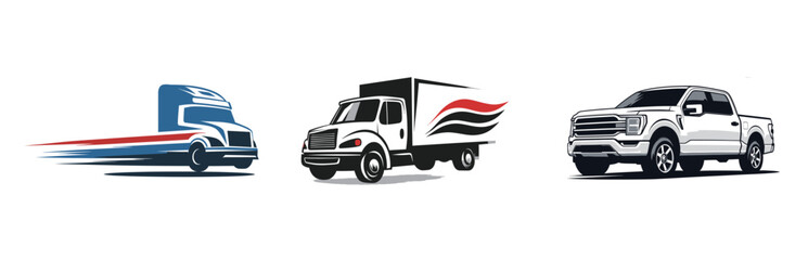 Three types of trucks are displayed, showcasing a large semi-truck, a delivery vehicle, and a pickup truck. Each truck is designed for different transport needs.
