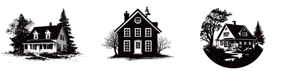 Fototapeta premium This collection showcases three unique house designs in a black and white style. Each house features its own architectural elements and surrounding nature.
